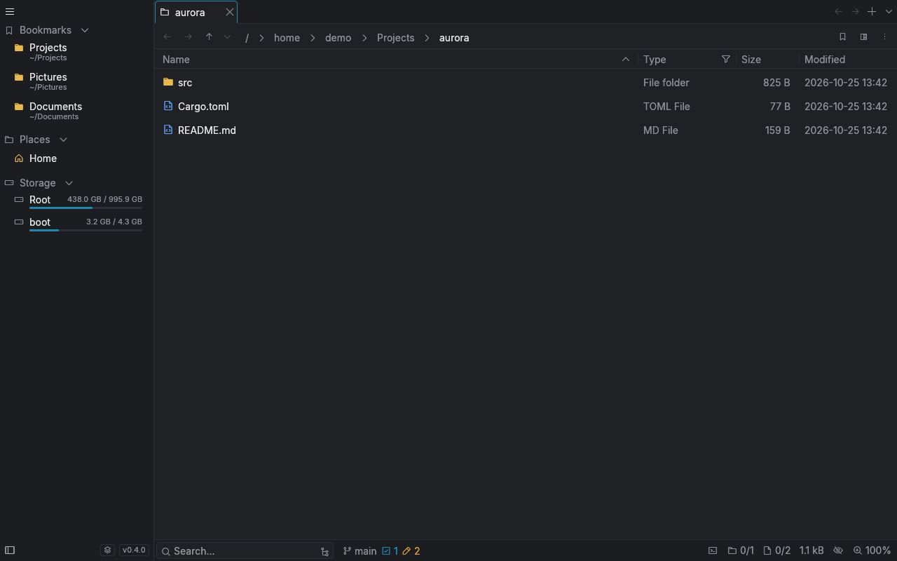 A project folder with sizes, and the footer showing branch main with one staged and two changed files
