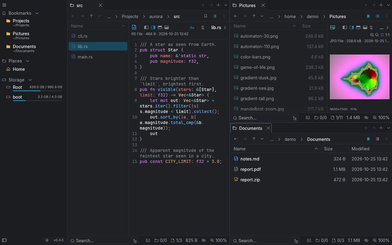 oh > my > dir with three panels: Rust code with syntax highlighting, a picture preview, and a documents folder