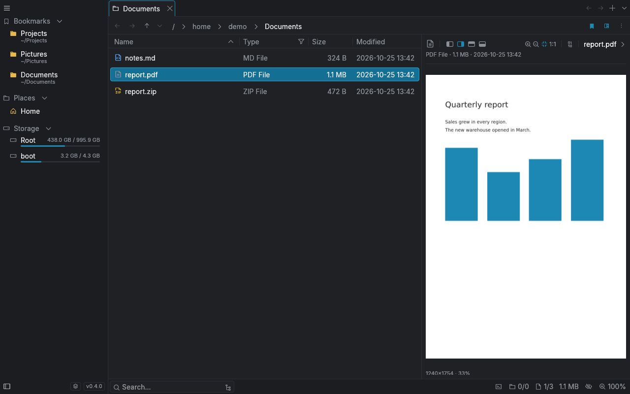 The Documents folder with a PDF report previewed in the Inspector