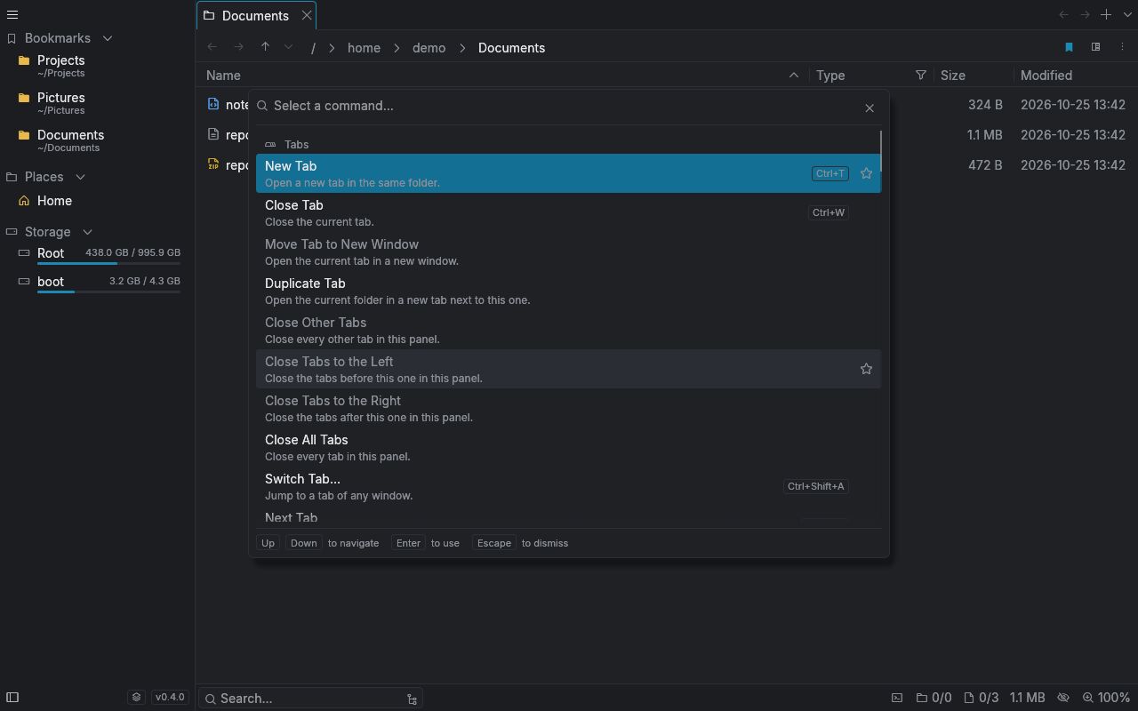 The command palette open over a folder, listing tab commands with their descriptions