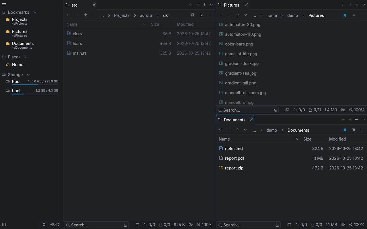 Three panels: the aurora/src folder, Pictures in the column view, and Documents