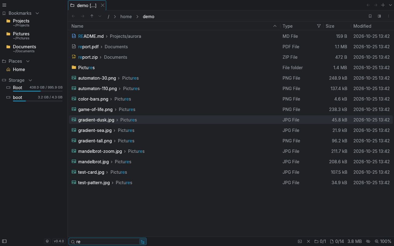 Search results for “re” from several subfolders of the demo home folder