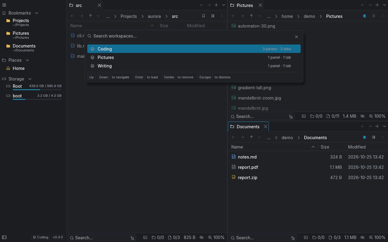The Coding workspace loaded with three panels, and the list of saved workspaces open over it
